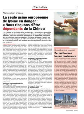 La seule usine européennede lysine en danger:«Nous risquons d’êtredépendants de la Chine» La seule usine européennede lysine en danger:«Nous risquons d’êtredépendants de la Chine»